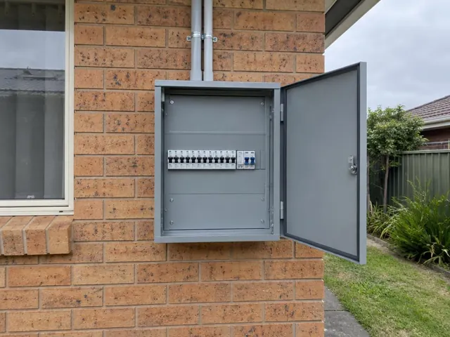 Open grey switchboard on exterior brick wall beside a window in Buff Point